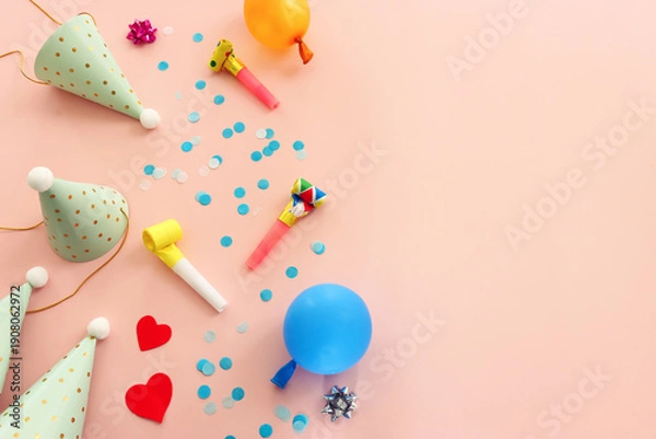 Obraz party background with hat, confetti, balloons