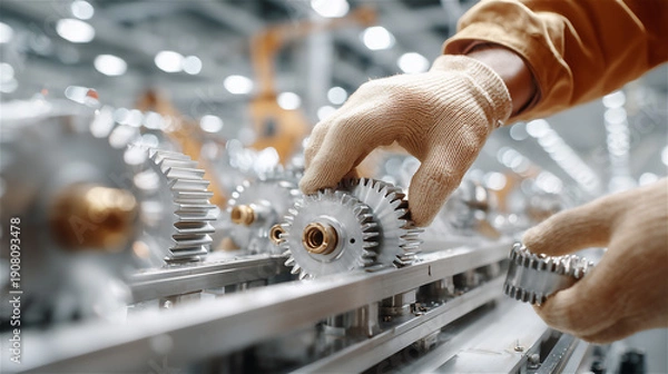 Fototapeta 工場のラインで金属製の歯車を点検する作業員の手元
