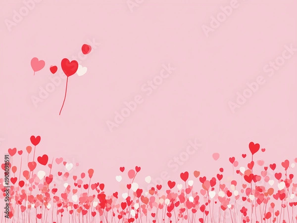 Obraz 淡いピンクの背景に下から上に浮かんでいくたくさんの赤、ピンク、白のハート形