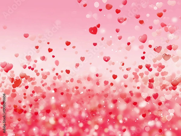 Obraz 淡いピンクの背景に下から上に浮かんでいくたくさんの赤、ピンク、白のハート形