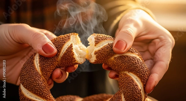 Obraz Delicious Turkish Simit: Hands Breaking Warm, Steaming Sesame Bread