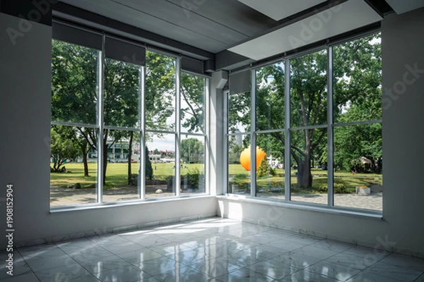 Obraz Empty modern room with large windows and park view in daylight