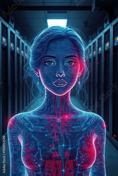 Obraz Blue holographic android portrait inside futuristic data corridor