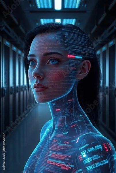 Obraz Digital female avatar with code skin in server hallway