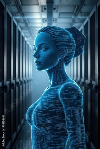 Obraz Cybernetic woman interface model rendered with glowing data texture