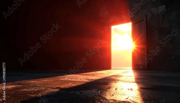 Obraz Doorway open to bright sunset, dark interior, light streaming in