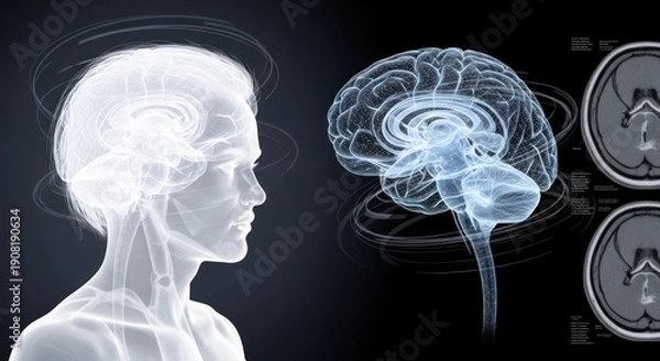 Obraz Human head profile with brain model and MRI scans