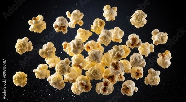 Obraz Fluffy popcorn pieces falling against a dark black background