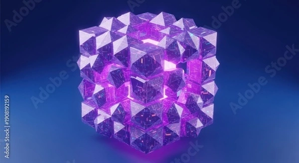 Obraz Futuristic glowing purple geometric cube structure on blue background