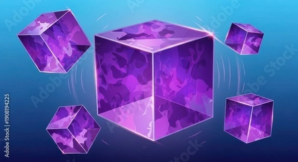 Obraz Floating purple geometric cubes with camouflaged texture on blue background
