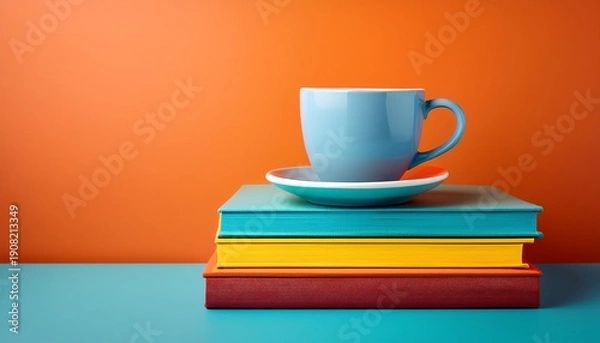 Obraz coffee cup on a colorful book stack with a vibrant background