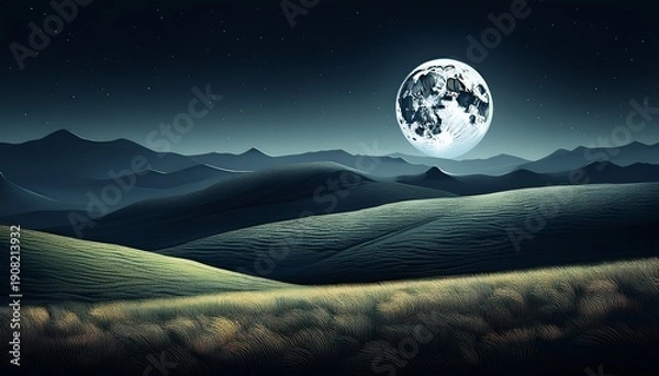 Obraz serene dark landscape with rolling hills under a full moon