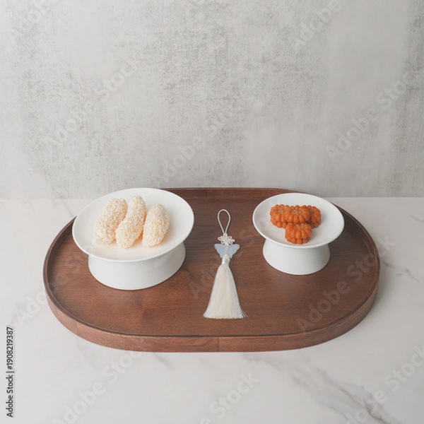 Fototapeta 한국 명절 전통 간식 약과와 한과와 장식품, 우드 트레이