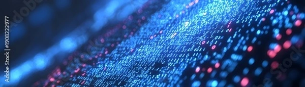 Obraz Digital information stream flows across a dark background with illuminated binary code.