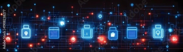 Fototapeta Digital network infrastructure displays glowing icons representing various secure data modules on a dark background.