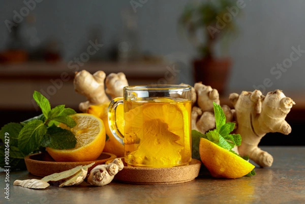 Obraz Ginger tea with lemon and mint.