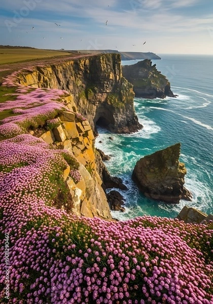 Obraz Coastal Bloom: Cliffs Ablaze with Sea Thrift