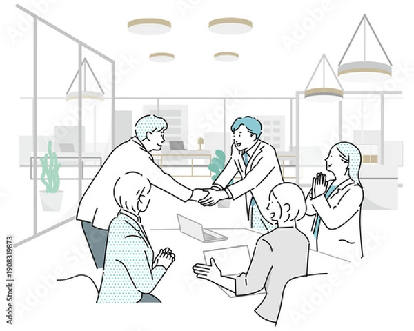Obraz オフィスでミーティングするビジネスパーソンー契約成立し握手するシーンービジネスチームのイラスト素材