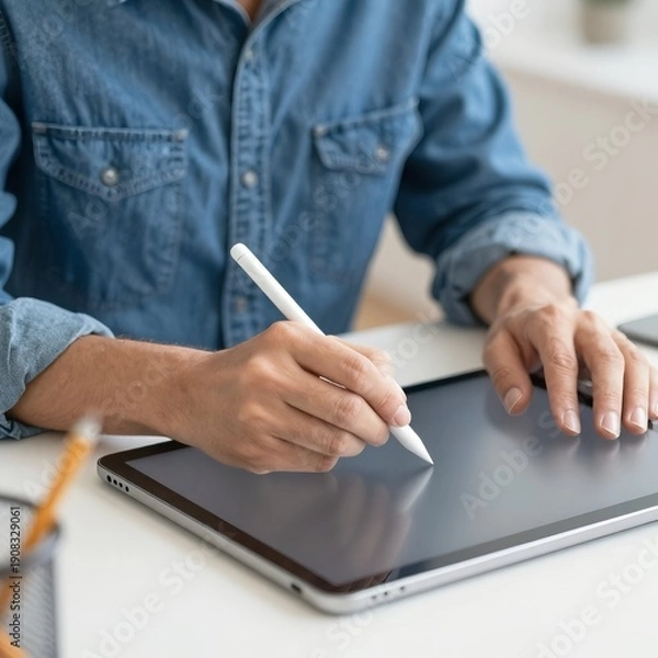 Obraz Architect Designing Modern Interior Projects Using Digital Tablet in Creative Studio Office, Close up