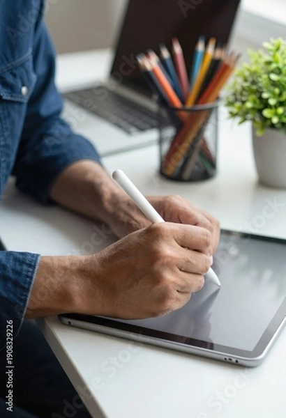 Obraz Architect Designing Modern Interior Projects Using Digital Tablet in Creative Studio Office, Close up