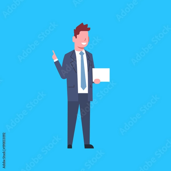Fototapeta Business Man Hold White Empty Banner Office Worker Character Businessman Flat Vector Illustration