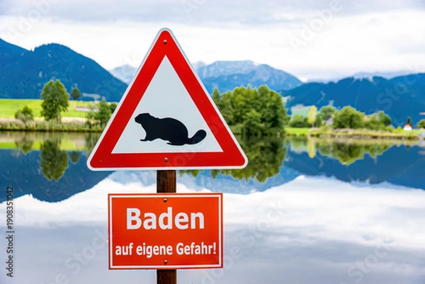 Obraz Schild mit Biber und Text Baden auf eigene Gefahr