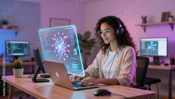 Obraz Gen Z Female Developer Creating AI Models in Modern Home Studio