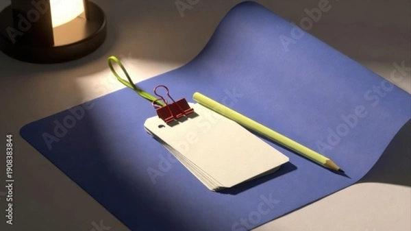 Obraz Blank flashcards with pencil on blue paper background