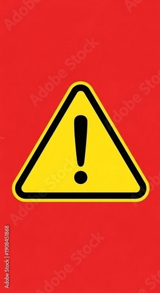 Obraz Yellow triangle warning sign with exclamation mark on red background