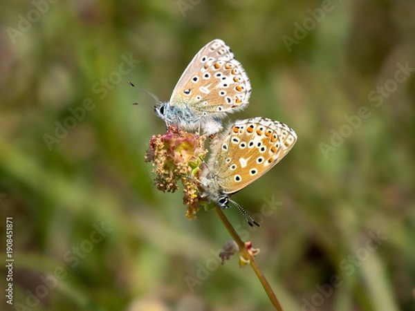 Obraz Adonis Blue Butterflies Mating on Small Burnet