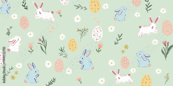 Obraz Seamless Easter Bunny Pattern with Eggs and Flowers on Pastel Background
