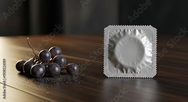 Obraz Condom packaging mockup with grapes on wooden table