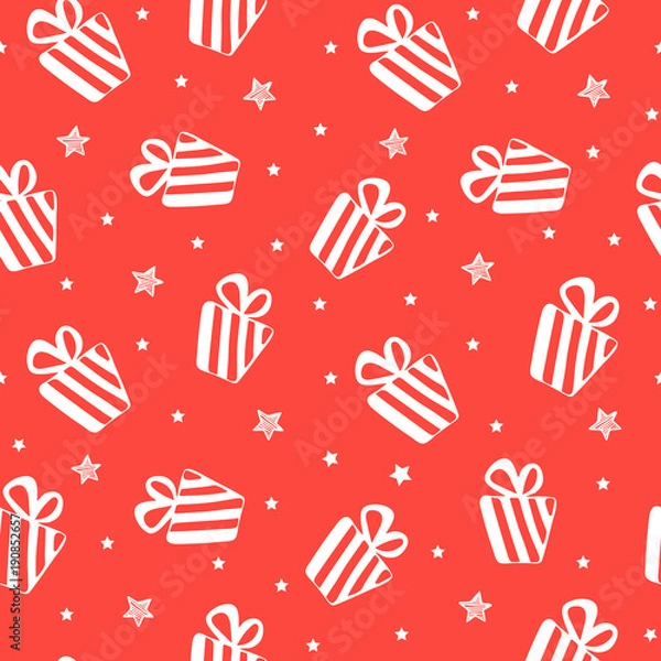 Fototapeta Seamless pattern with white gifts and stars on red background