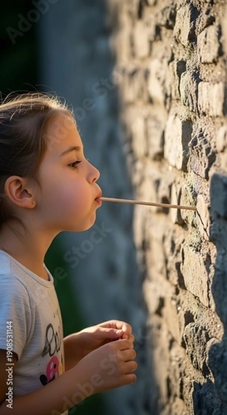 Obraz Young girl blowing through a straw with focused expression.