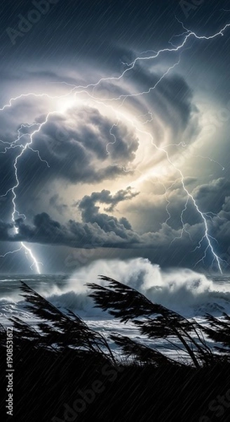 Obraz Intense thunderstorm unleashes dramatic lightning strikes over turbulent ocean waves