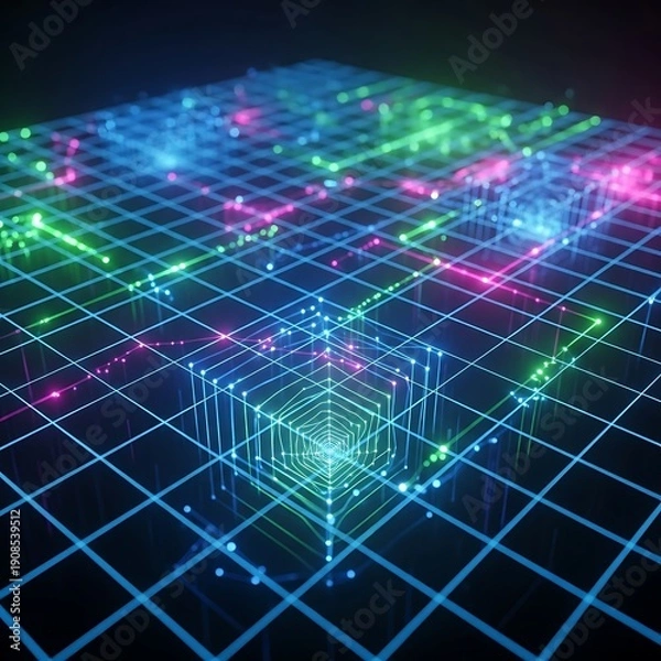 Obraz Glowing digital lines and points form a complex network across a dark, structured surface