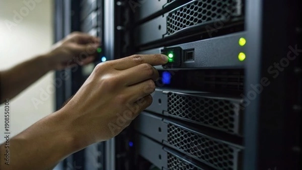 Obraz Technician hands operating and maintaining a server in a data center with blinking LED indicators on the hardware.