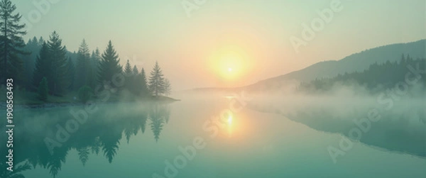 Obraz Magic mist over emerald lake at dawn with calm reflections  