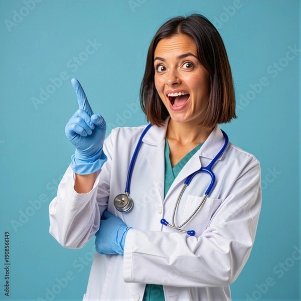 Obraz Smiling Doctor with Pointer Gesture on Blue Background