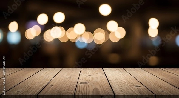 Obraz Wooden Table with Blurred Background Lights.