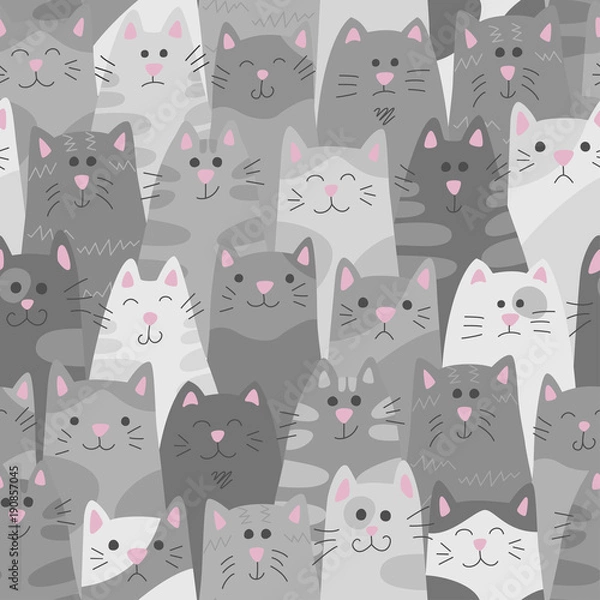 Obraz Koty. Wzór w stylu doodle i kreskówki. Szary.