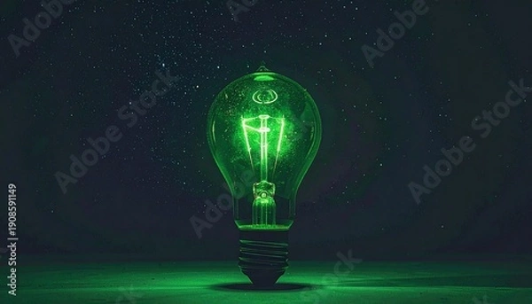 Obraz "Glowing green light bulb in dark background"