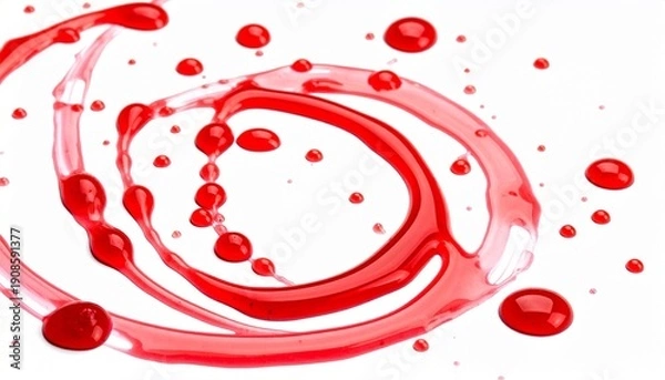 Obraz "Red liquid splash with scattered droplets on white background"