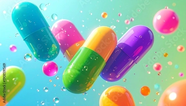 Obraz "Colorful capsules floating in liquid with bubbles"