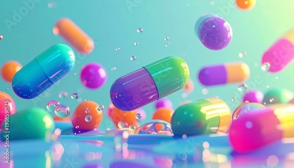 Obraz "Colorful capsules floating in liquid with bubbles"