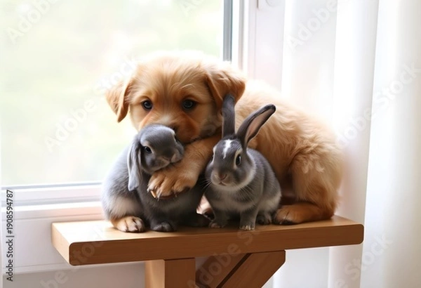 Obraz A Puppy and a Rabbit on a table