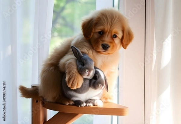 Obraz A Puppy and a Rabbit on a table