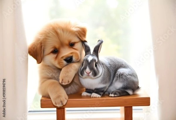 Obraz A Puppy and a Rabbit on a table