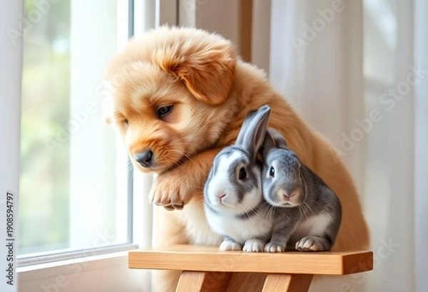 Obraz A Puppy and a Rabbit on a table