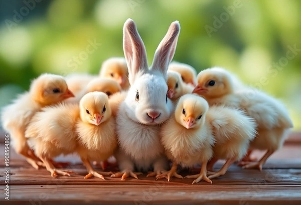 Obraz A Rabbit surrounded by baby chickens